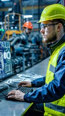 Poster - Engineer working on industrial computer systems in a modern factory environment