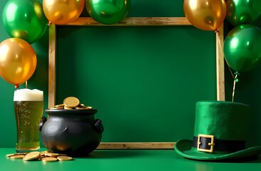 Wall Mural - St. Patrick's Day Concept. A frame decorated with balloons, a cauldron with gold coins, a glass of beer and a leprechaun's hat