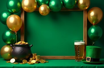 Wall Mural - St. Patrick's Day Concept. A frame decorated with balloons, a cauldron with gold coins, a glass of beer and a leprechaun's hat