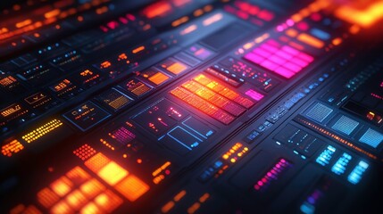 Fototapete - Abstract Technology Background with Glowing Geometric Shapes and Colorful Lights Representing Digital Data and Innovative Interfaces in Futuristic Environments