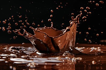 Chocolate splash captured in stunning detail against a black background highlighting the texture and movement of the liquid