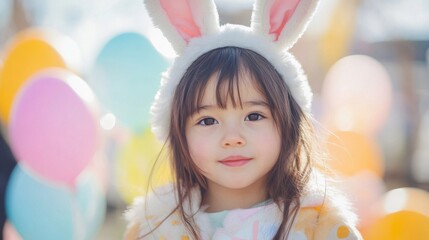 Wall Mural - Adorable Girl Wearing Bunny Ears Near Pastel Balloons