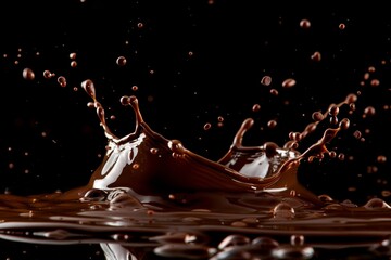 Wall Mural - Rich chocolate splash captured against a black background, creating dynamic ripples and droplets in an artistic display of movement