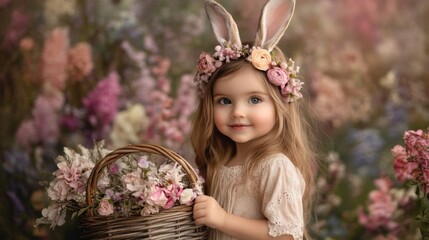 Wall Mural - Little Girl Bunny Ears Flower Crown Basket