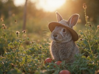 A charming rabbit in a hat harvests in the garden