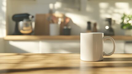 Aufkleber - White blank mug standing on a wooden table in a modern kitchen illuminated by the morning sunlight, perfect for showcasing your designs or branding