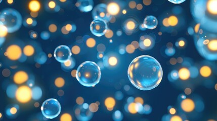 Poster - Colorful Bubbles Floating in a Dreamy Blue Background with Warm Glowing Lights for Abstract Visuals and Designs