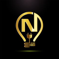 Wall Mural - English alphabet N with an electric bulb and plug. Electricity logo design template gold color style