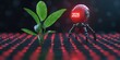 © Pixelbiz - AI trend 2025 business concept. A futuristic robot with a glowing display stands beside a young plant, symbolizing the intersection of technology and nature in 2025.