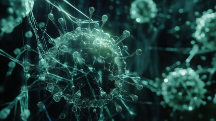 Fototapete - Detailed 3D visualization revealing intricate structure of a virus showcasing capsid, spikes, and RNA strands with glowing features. Generative AI
