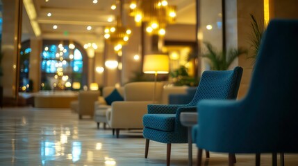 Poster - Luxury hotel lobby features warm lighting, comfy furniture. Empty lounge area with teal armchairs, beige sofas create relaxing ambiance. Modern design, subtle lighting, spacious feel. Blurred bokeh