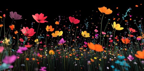 Wall Mural - Vibrant Cosmos Flowers Bloom In A Dark Field