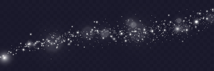Poster - Sparkling white light particles on transparent background, glowing stars and dust effect, festive glitter overlay, magical illumination, digital abstract decoration.
