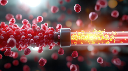 Aufkleber - 3D illustration of nanoscale biotechnology tools with red raspberries and glowing particles. This vibrant image showcases intersection of nature and technology in dynamic way