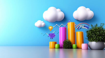 Poster - Colorful 3D infographic depicting data relationships with graphs, clouds, and plants. This vibrant design illustrates modern data visualization concepts effectively