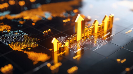 Aufkleber - 3D world map displaying real time global economic trends with rising graphs. This visualization highlights economic growth and market dynamics across regions