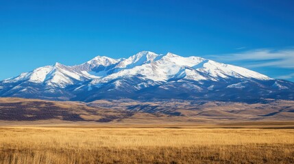 Wall Mural - Majestic Snow-Capped Mountains in a Vast Expanse of Golden Grasslands under a Brilliant Blue Sky