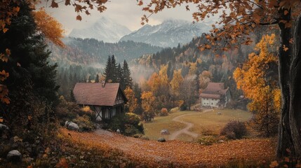 Sticker - Autumnal Landscape with Two Houses in the Valley