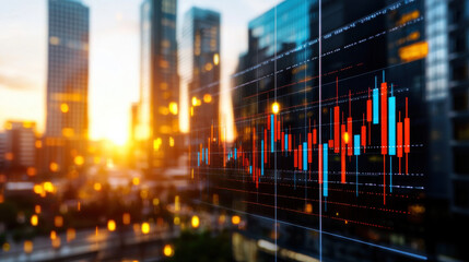 Fototapete - vibrant financial district skyline at sunset, showcasing stock market trends with colorful candlestick charts. scene symbolizes economic growth and urban development