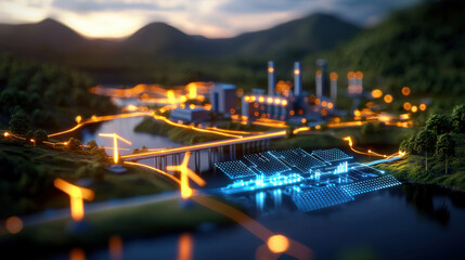 Poster - birds eye view of hydroelectric facility showcasing solar panels, power lines, and industrial structures surrounded by mountains and water. scene is illuminated with vibrant lights, creating