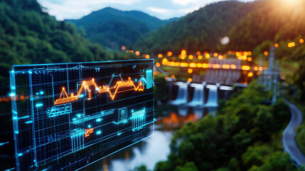 Leinwandbilder - birds eye view of hydroelectric power plant with digital data overlay, showcasing energy production and environmental integration. scene captures harmony of technology and nature