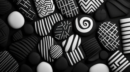 Fototapete - Black and white geometric stones with various patterns create striking visual composition. contrasting designs evoke sense of modern art and creativity