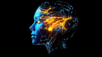 Poster - Humanoid Head in Blue and Yellow Lines with Futuristic Design