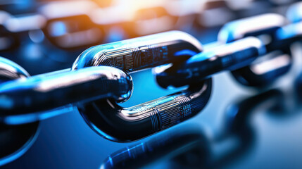 Aufkleber - close up view of futuristic blue chain link representing blockchain technology, symbolizing security and connectivity in digital transactions