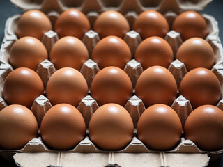 A close-up of a cardboard egg carton holding multiple brown eggs in neat rows.