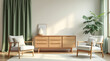 © lina - two light-beige armchairs flank a light-brown wooden cabinet a bright room.
