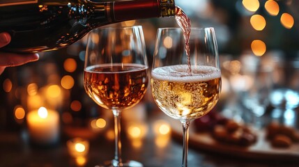 Poster - A hand pours red wine into one glass while sparkling white wine fills another, surrounded by candlelight and a blurred background of festive lights, creating a cozy atmosphere.