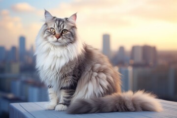 Wall Mural - Portrait of a cute siberian cat isolated in modern cityscape background