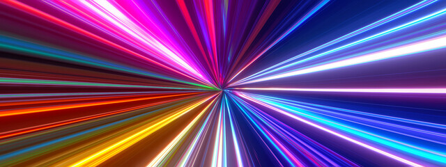 Poster - Abstract tunnel of a multicolor spectrum background. Bright rays of neon light and colorful glowing lines moving speed through the dark. 3d render