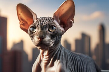 Wall Mural - Portrait of a smiling cornish rex cat on modern cityscape background