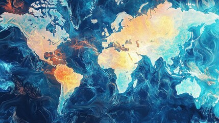 Poster - Abstract World Map with Colorful Swirls Illustrating Global Connections