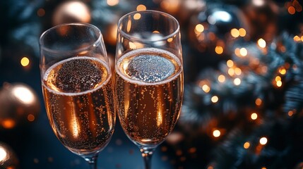 Poster - Two elegant glasses filled with sparkling beverage sit amidst a backdrop of twinkling lights and holiday decorations. The atmosphere exudes warmth and joy, perfect for celebration.