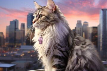 Wall Mural - Portrait of a happy american curl cat over modern cityscape background