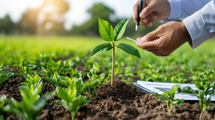 Poster - person examines young plant in field, focusing on sustainable agriculture and environmental care. scene highlights importance of green practices in farming