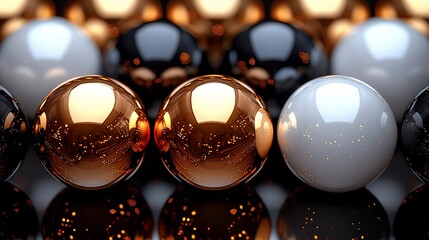 Wall Mural - Shiny metallic spheres in bronze, black and white.