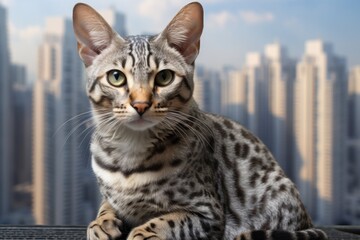 Wall Mural - Portrait of a funny egyptian mau cat isolated in modern cityscape background