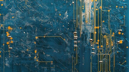 Poster - Detailed Electronic Circuit Board with Blue Background and Lines