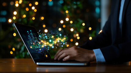 Poster - business professional working on laptop, creating digital data visualizations with vibrant colors and lights. scene conveys innovation and technology