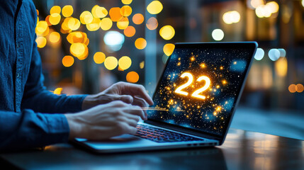 Aufkleber - person using laptop with glowing number 22 on screen, surrounded by festive bokeh lights, symbolizes technology and celebration