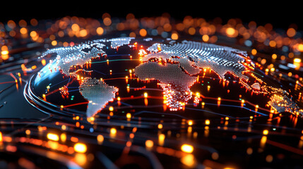 Aufkleber - digital world map illuminated with vibrant lights, showcasing global connections and technology trends. intricate design highlights interconnectedness of economies and cultures