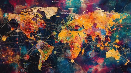 Poster - Vibrant Worldwide Network Connections Depicted on Colorful Map