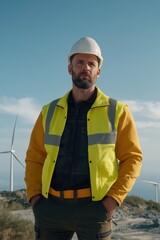 Wall Mural - A man in a yellow vest stands in front of a wind turbine. He is wearing a hard hat and he is a construction worker