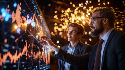 Aufkleber - Business team analyzing global economic trends on digital screen, showcasing data visualization and collaboration in modern office environment