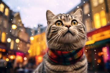 Wall Mural - Portrait of a happy scottish fold cat over vibrant market street background