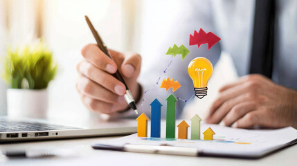 Poster - Businessman using growth hacking strategies to boost performance, with charts and lightbulb symbolizing innovation and success. Focus on analytics and creativity