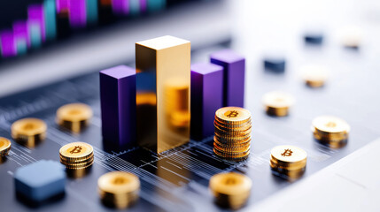 Fototapete - financial analysis setting featuring gold bars, coins, and purple graphs, symbolizing investment and cryptocurrency trends. scene conveys sense of wealth and opportunity